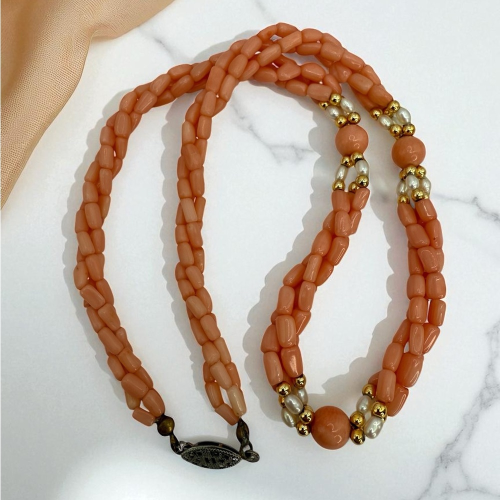 Vintage Angel Skin Coral & Freshwater Pearl 18” 3 Strand Twist Bead Gold Accents - Picture 12 of 17